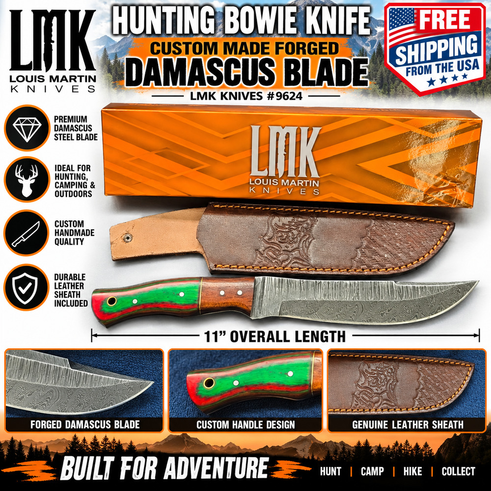 LMK 11" Hunting Bowie Knife Custom Handmade Forged Damascus Steel Blade #9624
